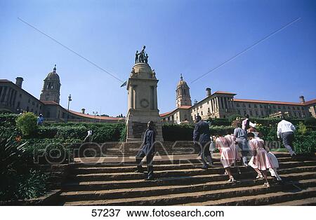 Stock Photo - People moving on stairs near monument, Union Buildings, Pretoria, Gauteng Province, South Africa . Fotosearch