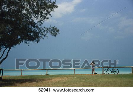 Stock Image - Rear view of woman with bicycle on beach, Australia . Fotosearch