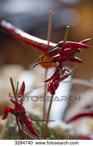 Red Chilli Peppers on a skewer, close-up View Large Photo Image Stock Image - Red Chilli Peppers on a skewer, close-up . Fotosearch