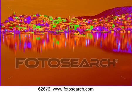 Reflection of a town on a waterfront, Poros, Saronic Islands, Greece View Large Photo Image Stock Image - Reflection of a town on a waterfront, Poros, Saronic Islands, Greece . Fotosearch