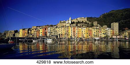 Reflection of buildings in water, Portovenere, Liguria, Italy View Large Photo Image Stock Photo - Reflection of buildings in water, Portovenere, Liguria, Italy . Fotosearch