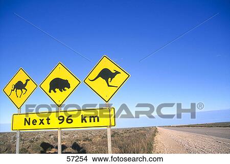 Picture - Road signs against blue sky, Eyre Heighway, Australia . Fotosearch