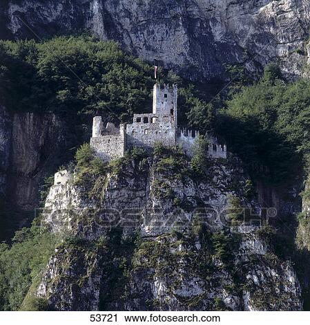 Stock Image - Ruins of castle on cliff, Haderburg Castle, Salorno, Bolzano Province, Trentino-Alto Adige, Italy . Fotosearch
