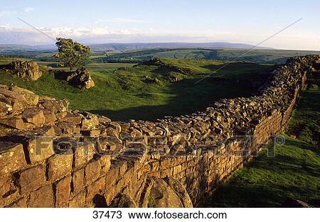 Stock Image - Ruins of stone wall, Hadrians Wall, London, England . Fotosearch