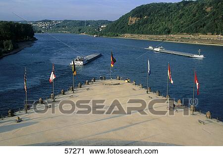 Stock Image - Ships on Mosel and Rhine, Deutsches Eck, Rheinland-Pfalz, Germany . Fotosearch