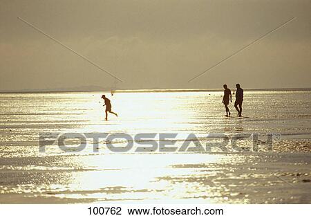 Stock Image - Silhouette of tourists walking on beach . Fotosearch