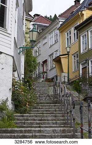 Staircase between residential buildings, Bergen, Norway, low angle view View Large Photo Image Stock Photograph - Staircase between residential buildings, Bergen, Norway, low angle view . Fotosearch
