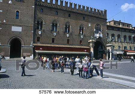 Stock Photograph - Tourists at town hall, Piazza Trento E Trieste, Ferrara, Emilia-Romagna, Italy . Fotosearch