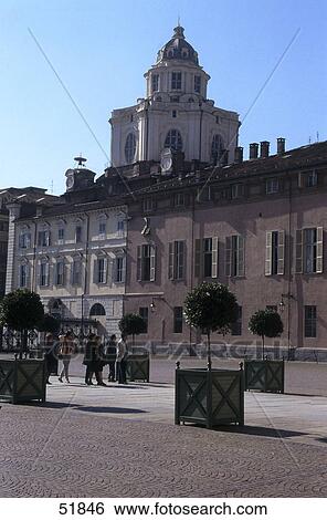 Stock Photograph - Tourists in front of church, Piazza del Castello, Church San Lorenzo, Turin, Piedmont, Italy . Fotosearch