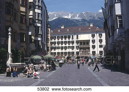 Stock Image - Tourists in street, Golden Roof, Innsbruck, Tyrol, Austria . Fotosearch