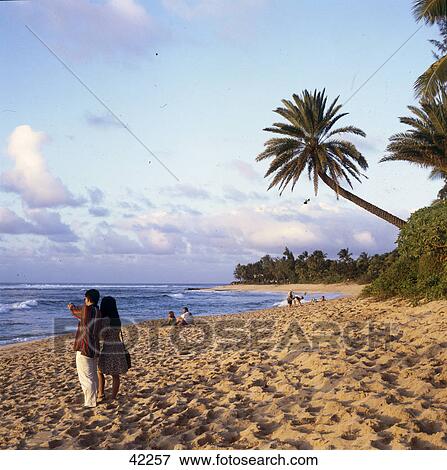 Stock Photo - Tourists on beach, North Shore, Oahu, Hawaii, USA . Fotosearch