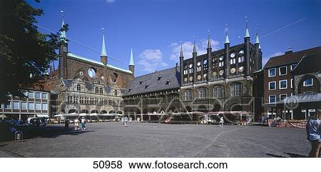 Town hall on town square, Lubeck, Schleswig-Holstein, Germany View Large Photo Image Stock Photo - Town hall on town square, Lubeck, Schleswig-Holstein, Germany . Fotosearch