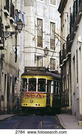 Picture - Tram on road, Alfama, Lisbon, Portugal . Fotosearch