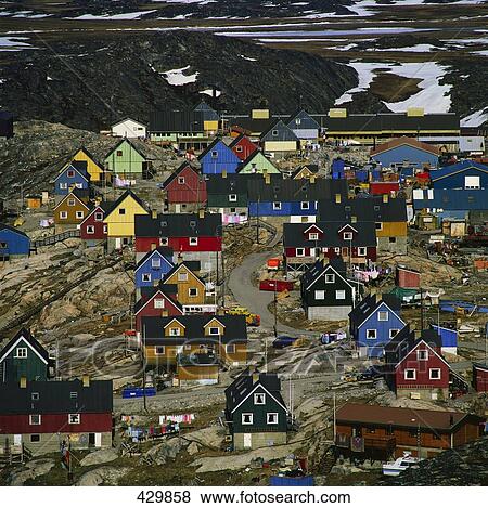 Stock Photo - Wooden houses on coast, Greenland, Denmark . Fotosearch