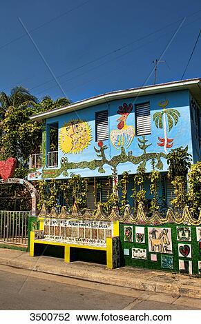 Stock Image - Ceramics art on house front, Jaimanitas, Havana, Cuba . Fotosearch