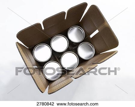 Close-up of tin cans in cardboard box View Large Photo Image Stock Image - Close-up of tin cans in cardboard box . Fotosearch