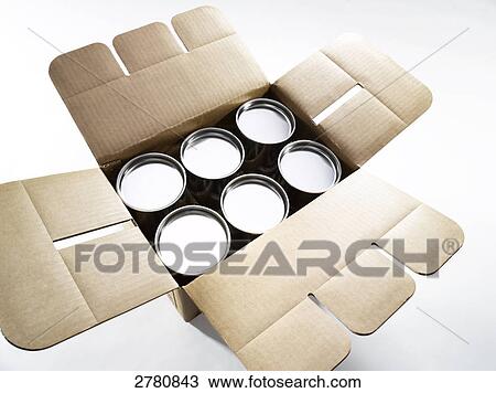 Close-up of tin cans in cardboard box  View Large Photo Image Stock Image - Close-up of tin cans in cardboard box . Fotosearch