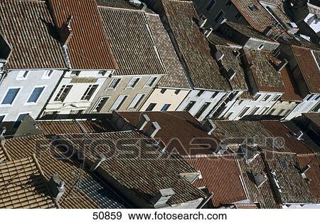 Stock Photo - High angle view of rooftops, Pont Des Marchands, Narbonne, France . Fotosearch