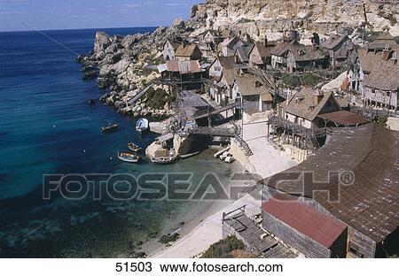 Houses in village at coast, steep coast, Popeye Village, Malta View Large Photo Image Stock Image - Houses in village at coast, steep coast, Popeye Village, Malta . Fotosearch