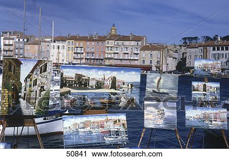 Paintings displayed at harbor, St. Tropez, France View Large Photo Image Stock Image - Paintings displayed at harbor, St. Tropez, France . Fotosearch