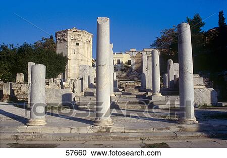 Stock Image - Ruins of columns, Tower Of The Winds, Roman Agora, Athens, Greece . Fotosearch
