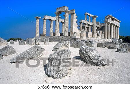 Stock Photograph - Ruins of temple of Goddess Aphaia, Aegina, Greece . Fotosearch