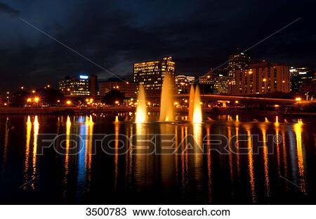 Skyline and Fountains at night, Orlando, Florida, USA View Large Photo Image Stock Image - Skyline and Fountains at night, Orlando, Florida, USA . Fotosearch