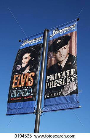 Stock Photography - Advertisements for the Elvis Presley exhibitions, Memphis, Tennessee, USA, low angle view . Fotosearch