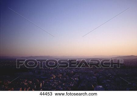 Aerial view of city at dusk, Athens, Greece View Large Photo Image Stock Image - Aerial view of city at dusk, Athens, Greece . Fotosearch