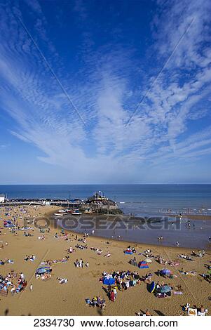 Aerial view of tourists on beach, Viking Bay, Kent, England View Large Photo Image Stock Image - Aerial view of tourists on beach, Viking Bay, Kent, England . Fotosearch