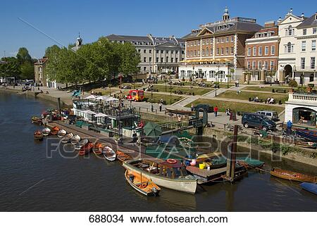 Picture - Boats at harbor, Richmond, Thames River, London, England . Fotosearch