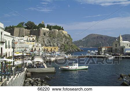 Stock Image - Boats at port, Lipari, Aeolian Islands, Sicily, Italy . Fotosearch