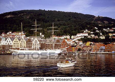 Stock Image - Boats in a river, Bergen, Norway . Fotosearch