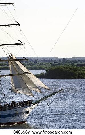 Stock Photo - Bow of a Russian sailing ship on the Elbe, Hamburg, Germany, elevated view . Fotosearch