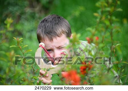 boy with slingshot in garden, aiming View Large Photo Image Stock Photo - boy with slingshot in garden, aiming . Fotosearch