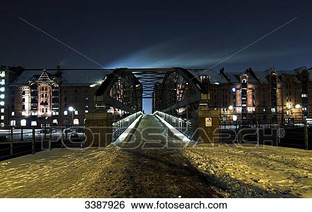 Bridge in the old warehouse district (Speicherstadt) at night, Germany View Large Photo Image Stock Photograph - Bridge in the old warehouse district (Speicherstadt) at night, Germany . Fotosearch