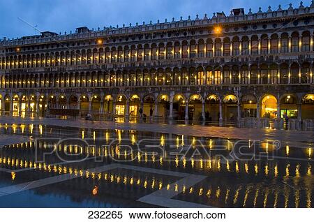 Building lit up at dusk, Procuratie, St Mark's Square, Venice, Veneto, Italy View Large Photo Image Stock Photography - Building lit up at dusk, Procuratie, St Mark's Square, Venice, Veneto, Italy . Fotosearch