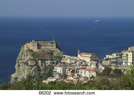 Stock Image - Buildings and castle at waterfront, Scilla, Calabria, Italy . Fotosearch