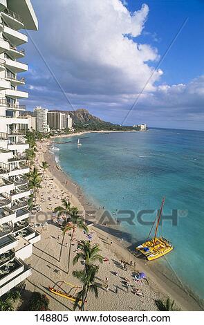 Stock Photography - Buildings at waterfront, Waikiki Beach, Honolulu, Oahu, Hawaii, Usa . Fotosearch