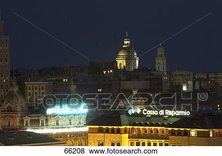 Buildings in city lit up at night, Genoa, Liguria, Italy View Large Photo Image Stock Photo - Buildings in city lit up at night, Genoa, Liguria, Italy . Fotosearch