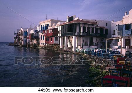 Stock Photography - Buildings on waterfront, Mykonos, Cyclades Islands, Greece . Fotosearch