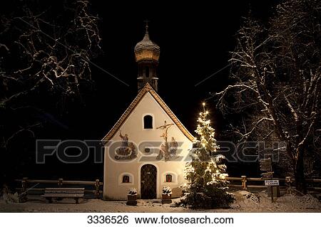 Stock Photograph - Chapel at night, Klais, Germany . Fotosearch