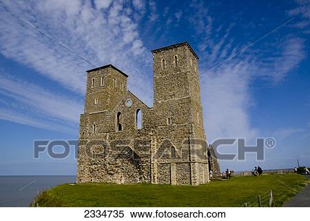 Stock Photography - Church at coast, Reculver Towers, Herne Bay, Kent, England . Fotosearch