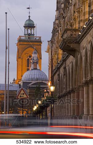 Stock Image - Church lit up at dusk, All Saints Church, Northampton, Northamptonshire, England . Fotosearch