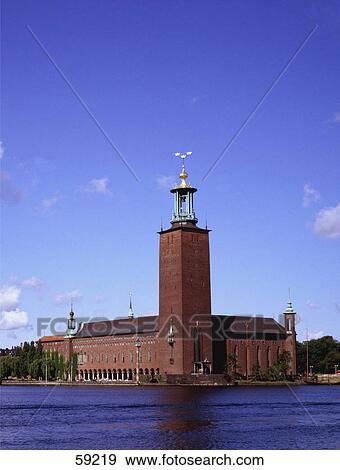 Stock Photo - City hall along river, Scandinavia, Sweden, Europe . Fotosearch