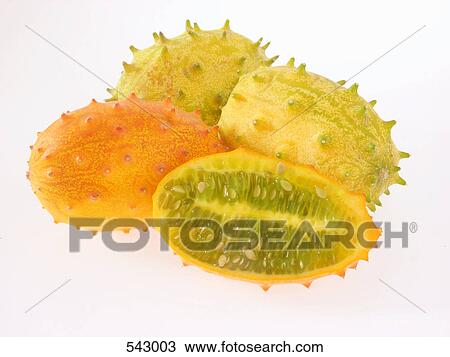 Close-up of horned melons (Cucumis Metuliferus) on white background View Large Photo Image Stock Image - Close-up of horned melons (Cucumis Metuliferus) on white background . Fotosearch