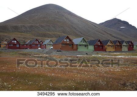 Stock Photography - Coloured houses, Longyearbyen, Spitsbergen, Norway, Scandinavia, Europe . Fotosearch