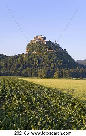 Stock Photography - Crop with castle on hill in background, Hochosterwitz Castle, Carinthia, Austria . Fotosearch