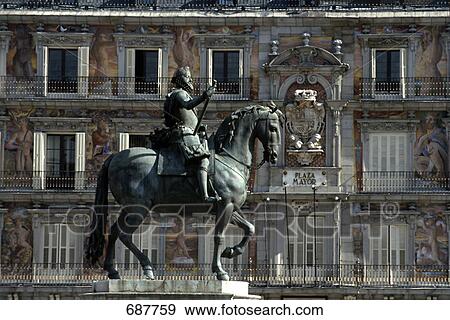 Equestrian statue in front of building, Casa De La Panaderia, Castille-La Mancha, Madrid, Spain View Large Photo Image Stock Photo - Equestrian statue in front of building, Casa De La Panaderia, Castille-La Mancha, Madrid, Spain . Fotosearch