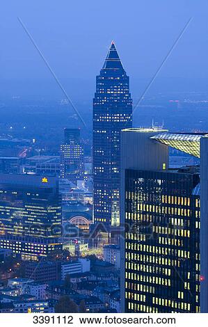 Stock Image - Exhibition tower in the evening, Frankfurt am Main, Hesse, Germany . Fotosearch